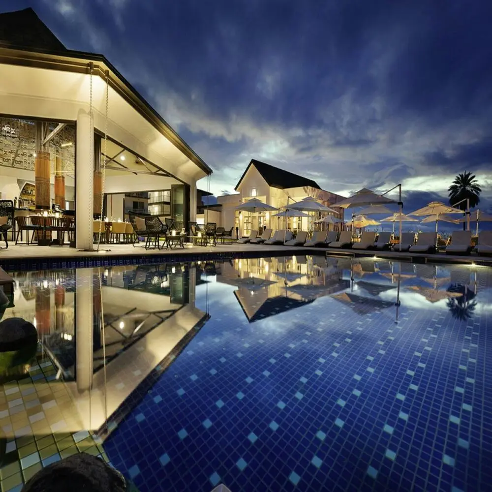 Luxury resort pool at twilight