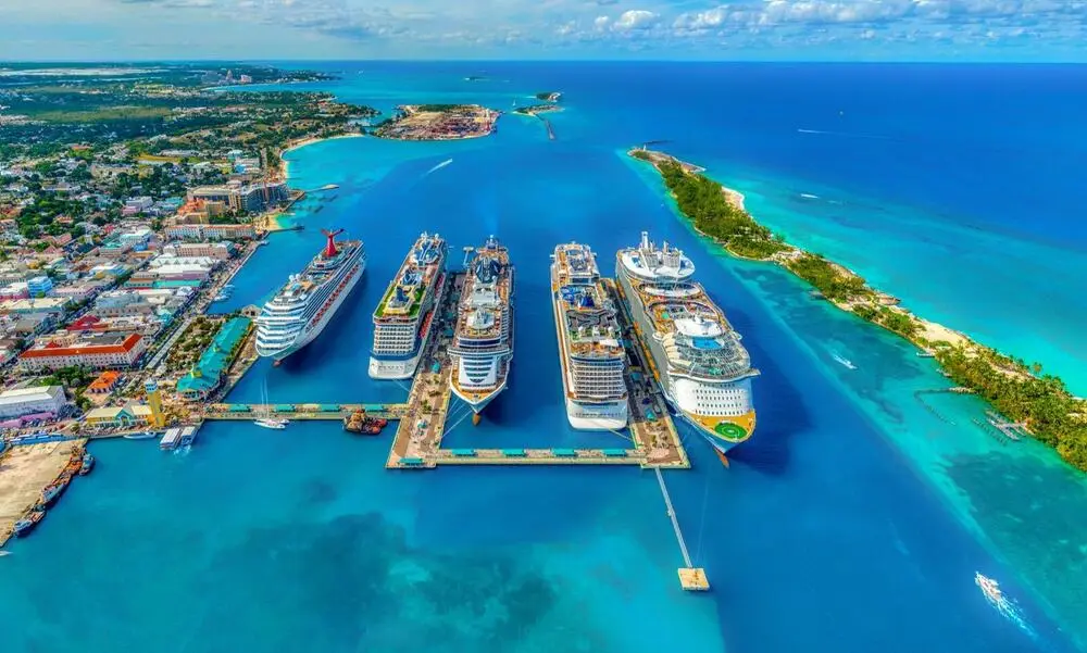 Cruise ships docked in a Caribbean harbor
