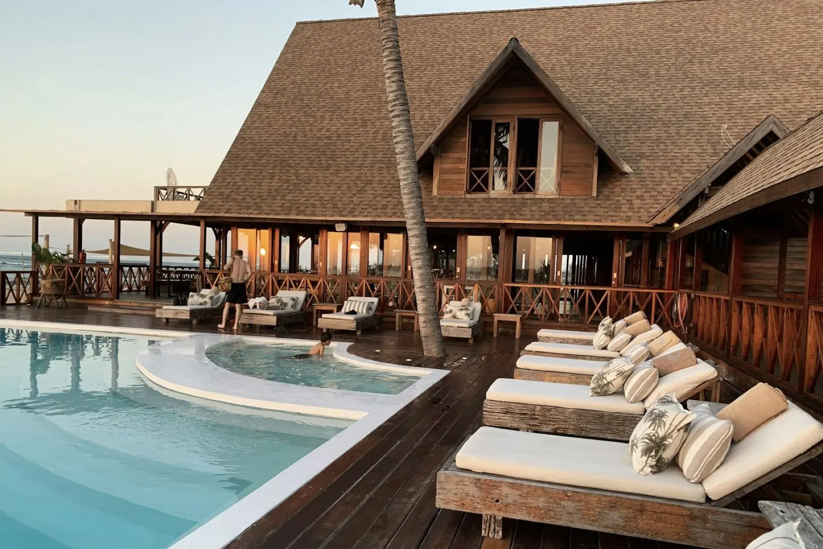 Quiet luxury resort pool toward the water